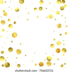 Falling confetti. Vector golden circles isolated on white background. New Year celebration card template. Bright christmas background. Explosion backdrop. Wedding anniversary wallpaper. Surprise print