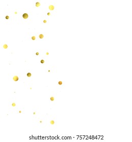 Falling confetti. Vector golden circles isolated on white background. New Year celebration card template. Bright christmas background. Explosion backdrop. Wedding anniversary wallpaper. Surprise print