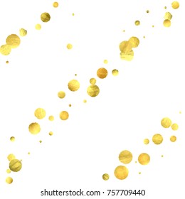 Falling confetti. Vector golden circles isolated on white background. New Year celebration card template. Bright christmas background. Explosion backdrop. Wedding anniversary wallpaper. Surprise print