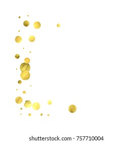 Falling confetti. Vector golden circles isolated on white background. New Year celebration card template. Bright christmas background. Explosion backdrop. Wedding anniversary wallpaper. Surprise print