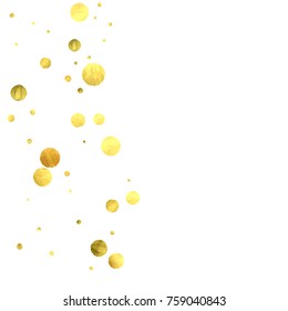 Falling confetti. Vector golden circles isolated on white background. New Year celebration card template. Bright christmas background. Explosion backdrop. Wedding anniversary wallpaper. Surprise print