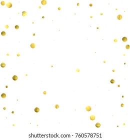Falling confetti. Vector golden circles isolated on white background. New Year celebration card template. Bright christmas background. Explosion backdrop. Wedding anniversary wallpaper. Surprise print