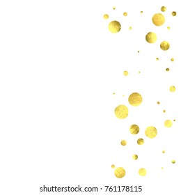 Falling confetti. Vector golden circles isolated on white background. New Year celebration card template. Bright christmas background. Explosion backdrop. Wedding anniversary wallpaper. Surprise print