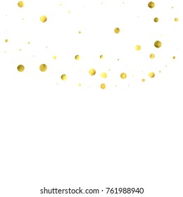Falling confetti. Vector golden circles isolated on white background. New Year celebration card template. Bright christmas background. Explosion backdrop. Wedding anniversary wallpaper. Surprise print