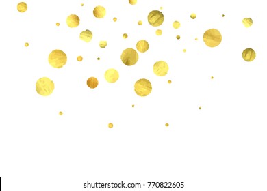 Falling confetti. Vector golden circles isolated on white background. New Year celebration card template. Bright christmas background. Explosion backdrop. Wedding anniversary wallpaper. Surprise print