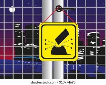 Falling construction materials. Danger sign on the closed door. Colored vector illustration.