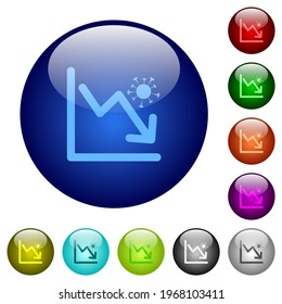 Falling covid graph icons on round glass buttons in multiple colors. Arranged layer structure