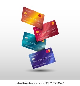 Falling credit cards. 3D fly money. Bank cashless payment. Debit finance elements. Business ATM pay concept. Realistic banking objects. Financial transactions. Vector cover background