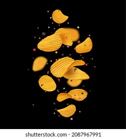 Falling crispy ripple potato chips, spices and herbs on black background. Realistic vector wavy slices of fried crisps, crunchy snack or junk food yellow chips flying with salt and pepper