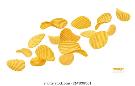 Falling crispy ripple potato chips. Vector 3d crunchy snack pieces fall motion. Delicious food advertisement, vegetable crisp salty meal promotion, realistic elements on white background