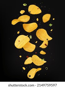 Falling crispy ripple potato chips with onion and spices. Vector crunchy snack fall motion. Delicious food advertisement, vegetable crisp salt meal promotion realistic 3d chips on black background