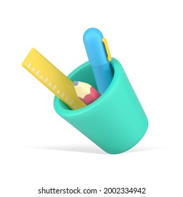 Falling cup with 3d stationery. Blue pen with yellow ruler and pink sharpened pencil. Convenient placement in green cup of items with quick creative application. Vector realistic icon template