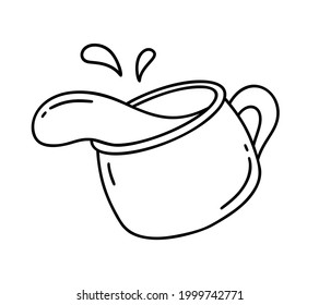 Falling cup with drink and drops. Black linear icon of round mug with splash. Graphic sketch of cacao, coffee, water, dairy products. Doodle isolated vector illustration, white background