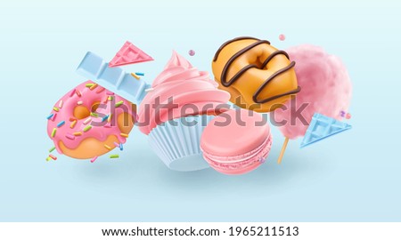 Falling cupcake and donuts. 3d realistic vector background