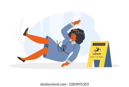 Falling curly woman, yellow triangular wet floor sign flat style, vector illustration isolated on white background. Slipped emotional character, carelessness, design element