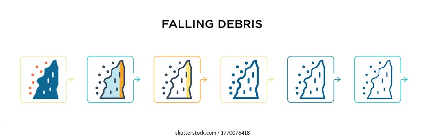 Falling debris vector icon in 6 different modern styles. Black, two colored falling debris icons designed in filled, outline, line and stroke style. Vector illustration can be used for web, mobile,