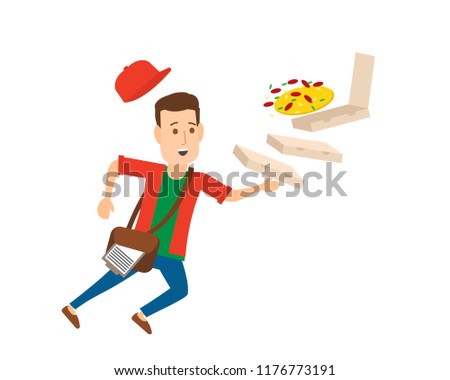 falling delivery man with pizza flying ingredient and cardboard boxes