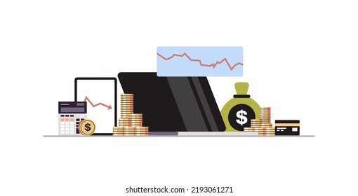 Falling diagrams graphs economic financial crisis stock market banking investment failure budget collapse and money bag, credit card, calculator, tablet, laptop with data concept horizontal.