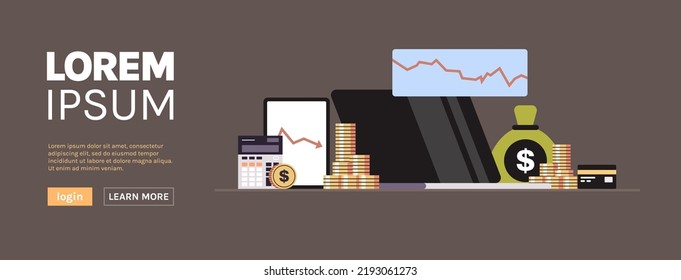 Falling diagrams graphs economic financial crisis stock market banking investment failure budget collapse and money bag, credit card, calculator, tablet, laptop with data concept horizontal.