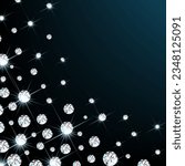 Falling diamonds, square banner for advertising a jewelry store. Template with copy space. Bright diamonds on a black background with neon glitter. Vector.