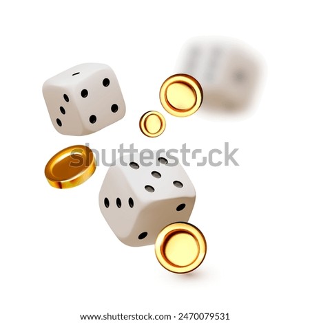 Falling dice with coins. 3D gambling and game design