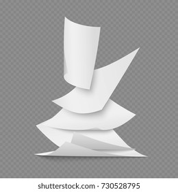 Falling document blank white paper pages on transparent background. Vector illustration