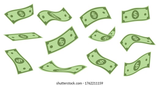 Falling dollar banknotes icon, money rain isolated on white background. money business concept, American dollar falling set. USD paper notes flying in the air.