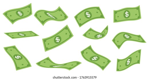 Falling dollar banknotes icon, money rain isolated on white background. money business concept, American dollar falling set. USD paper notes flying in the air.