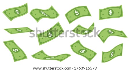 Falling dollar banknotes icon, money rain isolated on white background. money business concept, American dollar falling set. USD paper notes flying in the air.