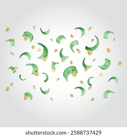 Falling dollar banknotes, money rain, flat vector illustration isolated on white background. American dollar falling set, animation ready. USD paper notes flying in the air.