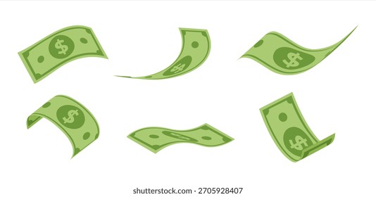 La caída de los billetes de dólar, lluvia de dinero, Ilustración vectorial plana aislada sobre fondo blanco. Vector 10 eps.