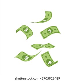 La caída de los billetes de dólar, lluvia de dinero, Ilustración vectorial plana aislada sobre fondo blanco. Vector 10 eps.