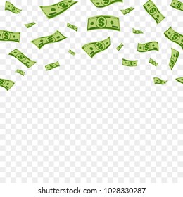 Falling dollar banknotes. Vector money confetti isolated on checkered background.