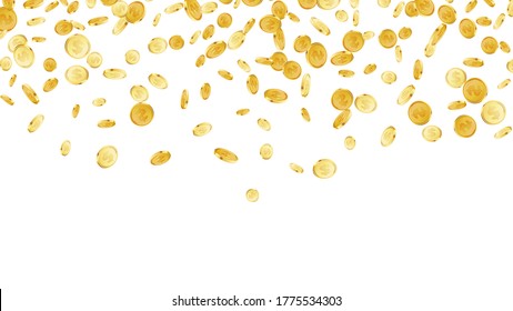 Fondo de monedas en dólares en baja. El concepto de ganancia o bote de casino. Caída de efectivo, caída o monedas llueve sobre fondo negro aislado. Dinero dorado cayendo. Depósito del juego de apuestas. Ilustración del vector