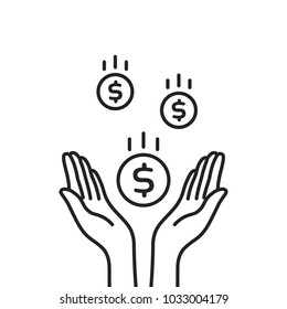 falling dollar coins with black contour hands. concept of cash back or gambling or save commerce success. stroke style trend linear simple logotype graphic art design isolated on white background