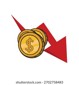 Falling Dollar Coins With Bold Red Down Arrow – Market Crash, Financial Loss, Decline and Economic Risk Vector Illustration