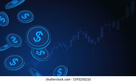 falling dollar coins in stock market graph on blue color background