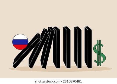 El Concepto Del Dólar Caído. Rusia ha derribado Dominoes en moneda estadounidense. Cartel retro. Ilustración vectorial horizontal. Arte plano creativo.