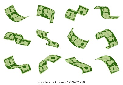 Falling dollars bills. Cash dollar banknotes rain, flying money bills seamless backdrop. Green dollars flying vector background illustration set. Cash win in lottery or casino, fortune