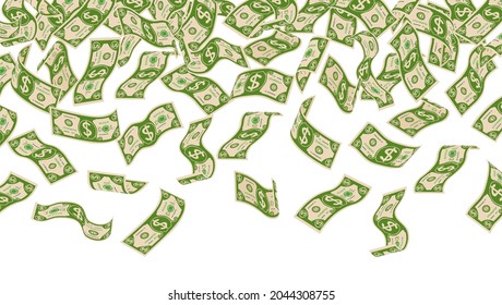 Falling dollars. Money cash flying, dollar raining. Fly american currency, wealth and financial abundance. Banking exact vector background