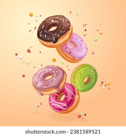 Falling donuts. 3d frosted flying donut, tasty doughnut in chocolate glaze berry icing, fly cake sweets ad composition, fresh donutes realistic exact vector illustration of food sweet donut falling