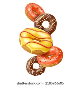 Falling donuts. Realistic sweet color glazed baked goods, flying pastry, different toppings, fast food composition, vanilla chocolate and strawberry 3d isolated elements, utter vector concept