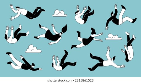 Falling doodle people. Persons floating or crash moving. Flying men and women poses. Accident with outline silhouettes. Flight concept. Imagination and inspiration. Vector illustration