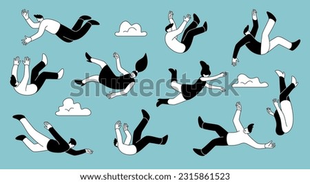 Falling doodle people. Persons floating or crash moving. Flying men and women poses. Accident with outline silhouettes. Flight concept. Imagination and inspiration. Vector illustration