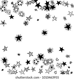 Falling Doodle Stars. Simple Black and White Background with Falling Confetti. Cute Hand Drawn Scribble Stars for Greeting Card, Poster or Banner. Vector.
