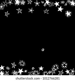 Falling Doodle Stars. Simple Black and White Background with Falling Confetti. Cute Hand Drawn Scribble Stars for Greeting Card, Poster or Banner. Vector.