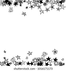 Falling Doodle Stars. Simple Black and White Background with Falling Confetti. Cute Hand Drawn Scribble Stars for Greeting Card, Poster or Banner. Vector.