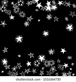 Falling Doodle Stars. Simple Black and White Background with Falling Confetti. Cute Hand Drawn Scribble Stars for Greeting Card, Poster or Banner. Vector.