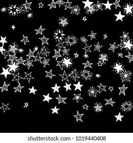 Falling Doodle Stars. Simple Black and White Background with Falling Confetti. Cute Hand Drawn Scribble Stars for Greeting Card, Poster or Banner. Vector.