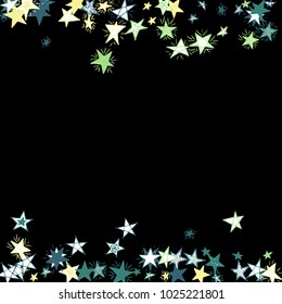 Falling Doodle Stars. Simple Black Background with Falling Confetti. Cute Hand Drawn Scribble Stars for Greeting Card, Poster or Banner. Vector.